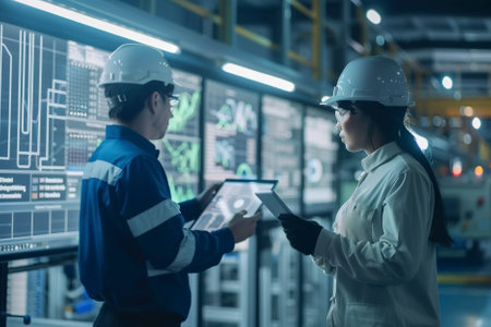 Engineer and technician working with tablet computer in factory. Industry and engineering concept.の写真素材