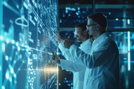 Two young scientists working with virtual panel in dark laboratory. Double exposureの写真素材
