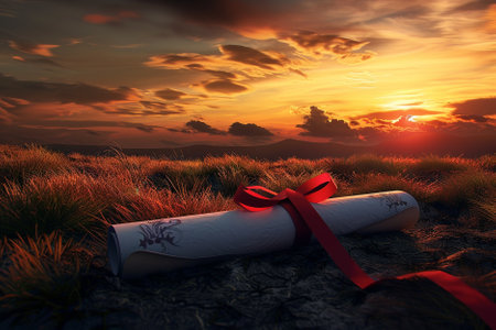 Diploma scroll with red ribbon on the grass. 3d renderの写真素材