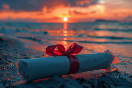 Gift certificate with red ribbon on the beach at sunset time.の写真素材