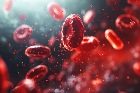 Blood cells in blood. 3D render concept for medical background.の写真素材