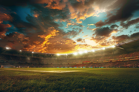 Evening football stadium with bright lights and fans. 3D Renderingの写真素材