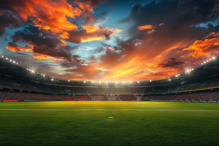 Evening football stadium with bright lights and full stadium with green grassの写真素材