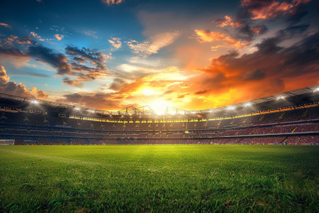 Evening soccer stadium with green grass and bright lights. 3D renderの写真素材