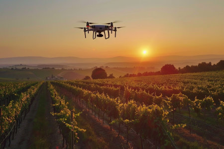 Drone with camera flying over vineyards at sunrise, Czech Republicの写真素材