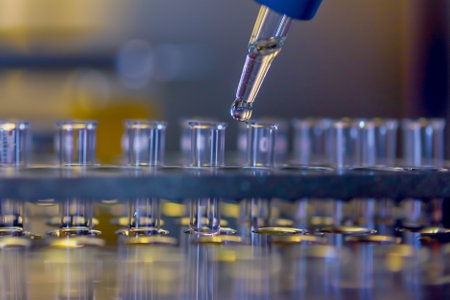 Laboratory pipette dropping liquid into test tubes, science background.の写真素材