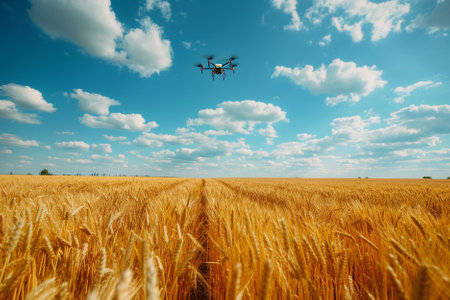 Drone flying over the wheat field. Photo in old color image styleの写真素材