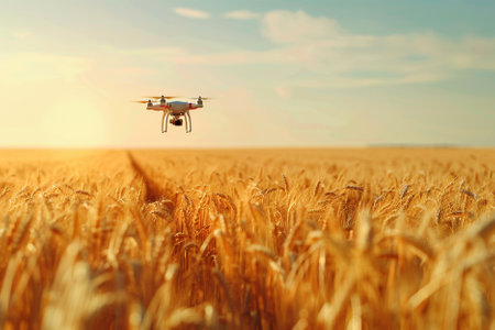 Drone flying over wheat field. 3D illustration. Copy space.の写真素材