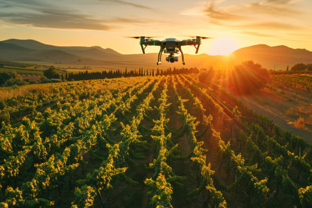 Drone with digital camera flying over vineyards at sunset, aerial viewの写真素材