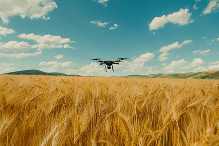 drone with digital camera flying over wheat field. 3d illustrationの写真素材