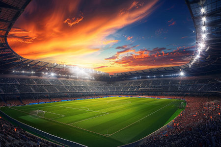 Aerial view of a soccer stadium at sunset. 3D Renderingの写真素材