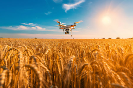 Drone with digital camera flying over a wheat field during sunset.の写真素材