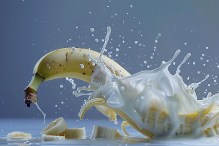 Fresh banana falling into the water with splashes on a gray backgroundの写真素材