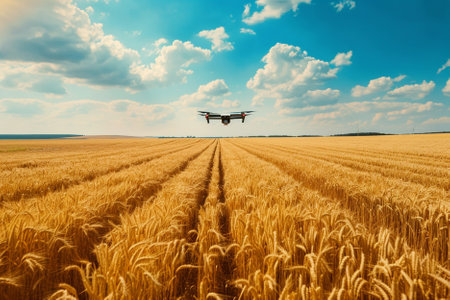 Drone flying over wheat field. Drone flying over agricultural field.の写真素材