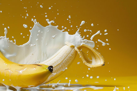 Banana splashing out of a glass of milk on yellow backgroundの写真素材