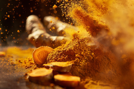Turmeric powder and fresh ginger root on brown background, closeupの写真素材