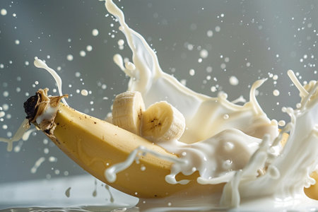 Banana splashing milk on a white background, close-upの写真素材