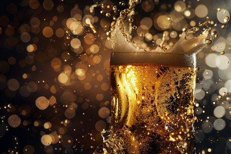 Glass of beer with splashes on bokeh background, closeupの写真素材