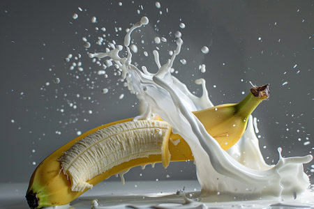 Banana splashing milk on a gray background. Studio shot.の写真素材