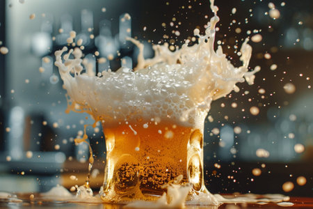 Splash of beer in a glass on a blurred background. Close-up.の写真素材