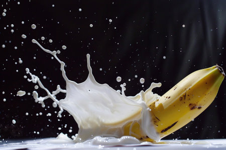 Banana splashing milk, isolated on black background. Close upの写真素材
