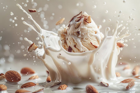 Splash of milk with ice cream and nuts on light background, closeupの写真素材
