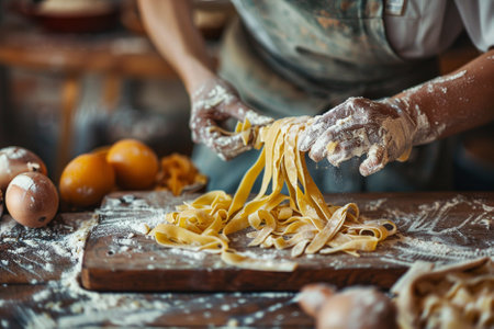 Close-up of a woman's hands making homemade pasta with flour.の写真素材