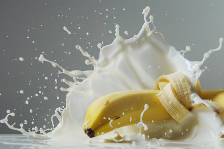 Banana and milk splash isolated on gray background. Close up.の写真素材