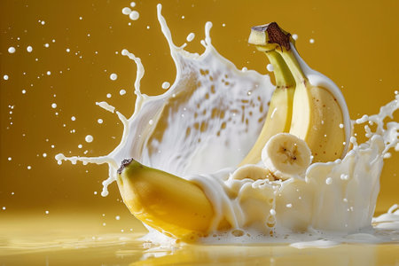 Milk splash with fresh bananas, isolated on yellow background, close upの写真素材