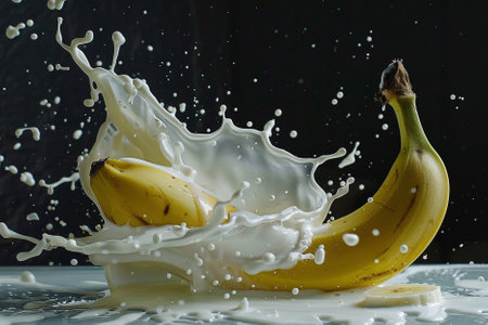 banana splashing milk on a black background, food closeupの写真素材