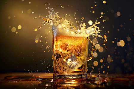 Whiskey splashing into glass with ice cubes on dark backgroundの写真素材