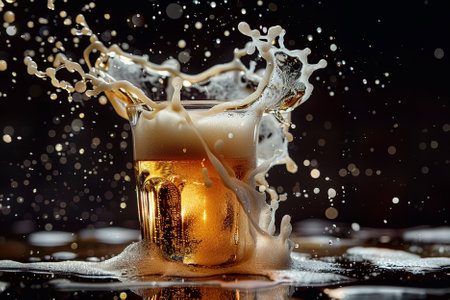 Splash of beer in a glass with foam on a black backgroundの写真素材