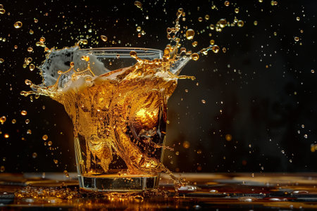 Whiskey splashing into glass with ice cubes on black backgroundの写真素材
