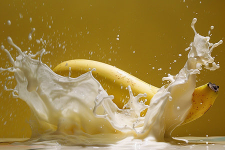 banana splashing milk on a yellow background, close-upの写真素材
