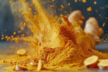 Turmeric powder and fresh turmeric on a wooden background. Copy space.の写真素材