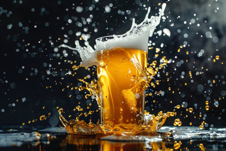 Splash of beer in a glass with splashes on a dark backgroundの写真素材