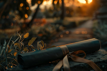 Rolled diploma on the stone in the park at sunsetの写真素材