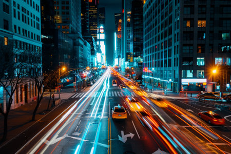 Traffic in downtown Chicago at night, Illinois, United States.の写真素材
