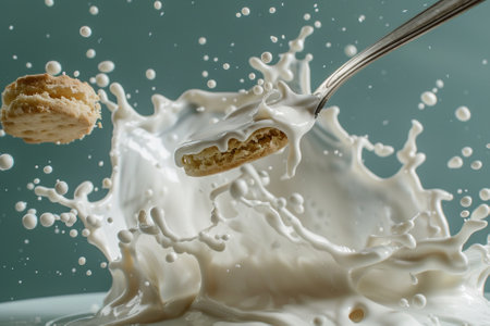 Milk splash with cookies on a blue background, close-upの写真素材