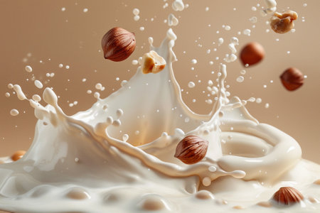 splashing milk with hazelnuts on beige background, closeupの写真素材