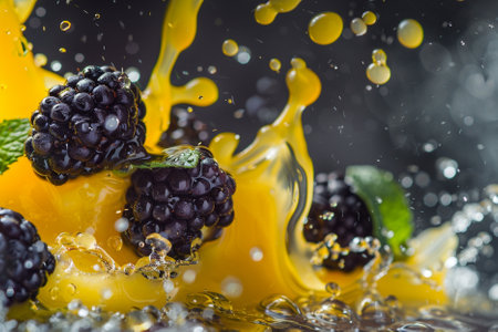 Fruit juice splash with blackberries and mint leaves on black backgroundの写真素材