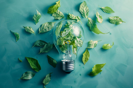 Ecology concept. Light bulb and green leaves on a blue backgroundの写真素材