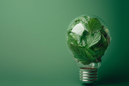 Green plant growing inside of light bulb on green background with copy spaceの写真素材