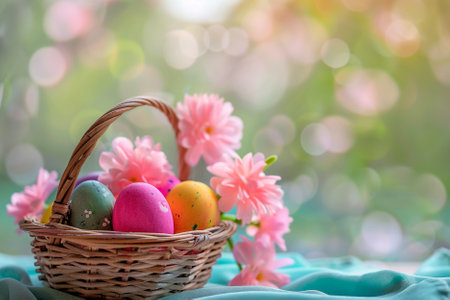 Easter eggs in a basket with pink flowers on a green background