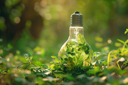 Light bulb with green plant growing in the forest. Eco concept.の写真素材
