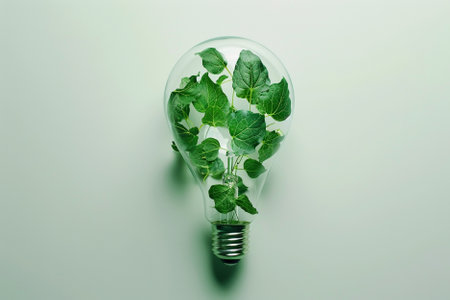 Green plant growing inside of light bulb on grey background. Alternative energy conceptの写真素材