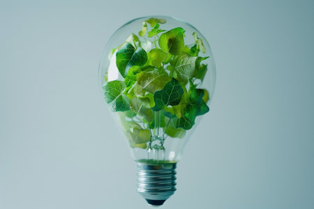 Green plant growing inside of light bulb on grey background. Ecology concept