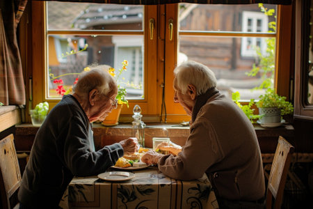 Elderly couple sitting in a cafe and eating breakfast. They are looking at each other.の写真素材