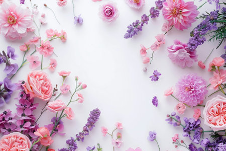 Flowers composition. Frame made of pink flowers on white background. Flat lay, top view, copy spaceの写真素材