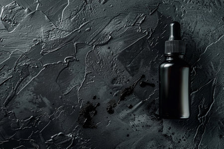 Black cosmetic bottle with dropper on black background top view mockupの写真素材